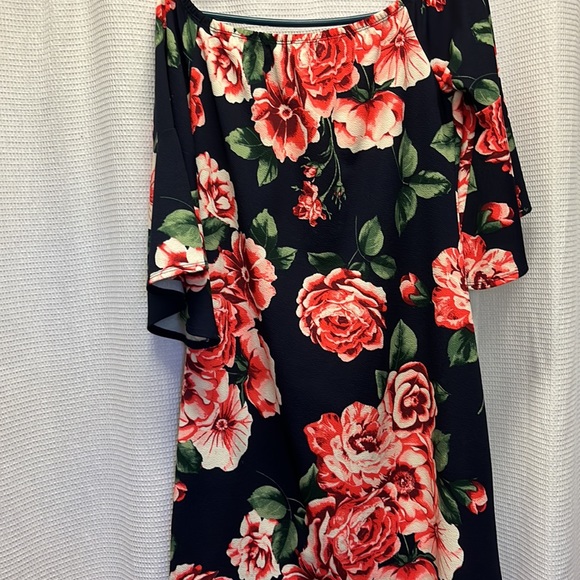 Espresso navy with pink floral bell sleeve pull over XL elastic neckline dress - Picture 7 of 11